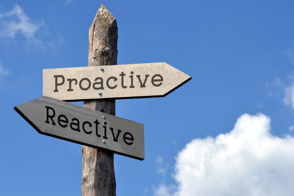 Proactive or Reactive on Wooden Signpost with Two Arrows