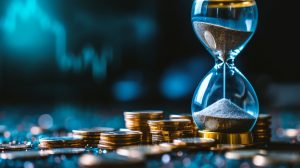 Time is money concept with hourglass and stack of coins