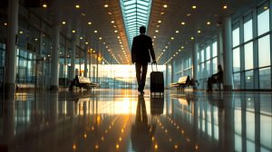 man wearing suit walking in an airport