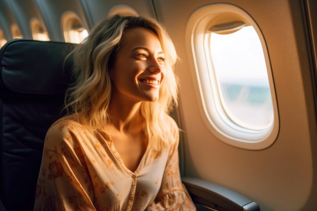 joyful woman seated by the window on an airplane