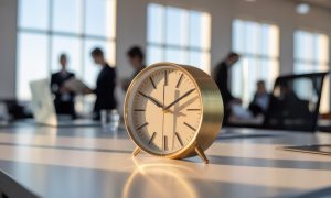Golden analog clock on a modern office desk