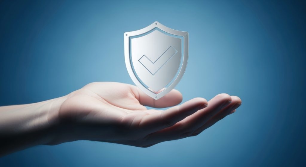 Hand Presenting Shield with Checkmark Symbol of Protection, Security