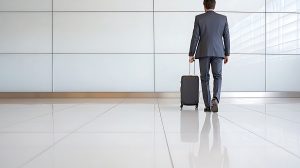 traveler in a suit walking with a suitcase in a modern airport