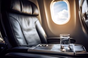 Luxurious airplane seat with a glass of water and scenic view outside the window