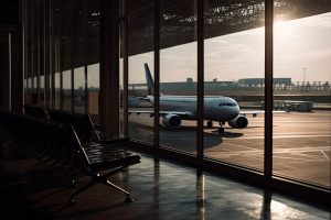 Airport terminal interior with plane outside the window