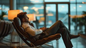 exhausted male traveler sitting in an airport lounge