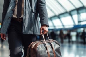 man wearing suit carrying suit case inside an airport