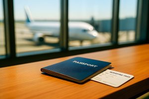 Passport and boarding pass on the desk in the airport
