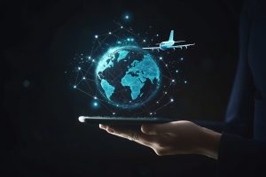 digital globe with airplane flying