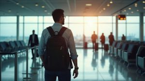 A man with a backpack standing in an airport