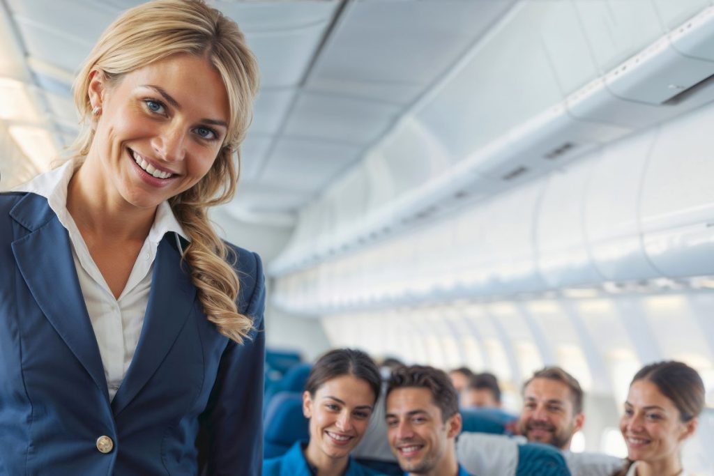 Woman stewardess smiling in a uniform is walking down the aisle of an airplane