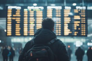 Male Traveler Looking at Airport Departure Board