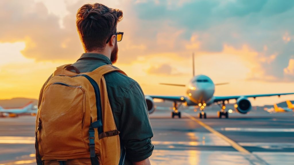 a man with a backpack standing on the tarmac at an airport