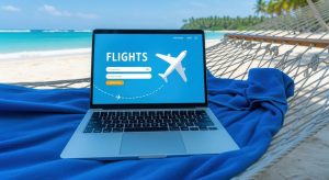 Laptop Displaying Flight Booking Website on a Hammock at Tropical Beach Getaway with Turquoise Water