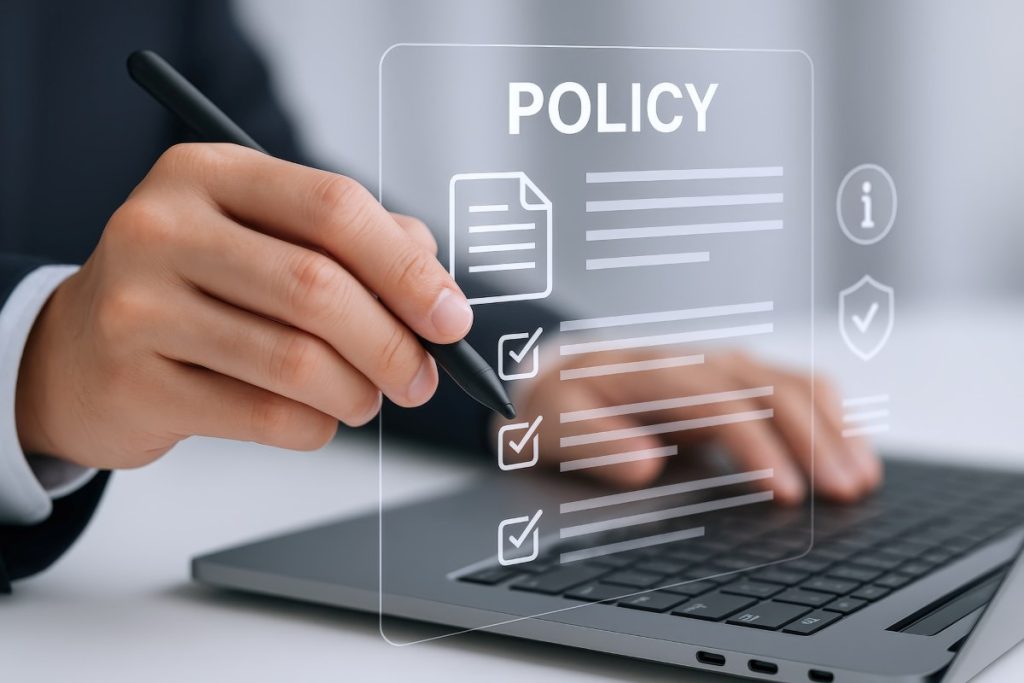 Compliance Policy Check Man Reviewing Digital Document on Laptop for Accuracy and Approval