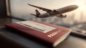 Red Passport and Airplane Flying Over City Skyline