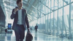 A man in a suit and tie walking through an airport