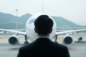 Business traveler views airplane while preparing for a flight at the airport in the early morning hours