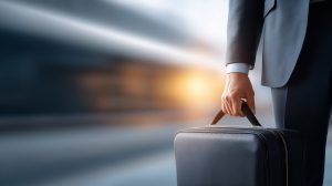 Businessman's hand holding a briefcase, moving forward on a journey towards success with motion blur background