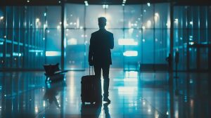 A silhouette of a man with a suitcase in an airport