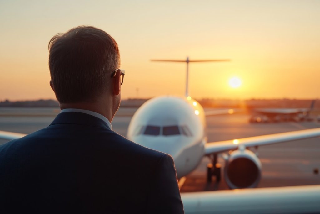 Business traveler waiting for evening flight at airport with sunset background