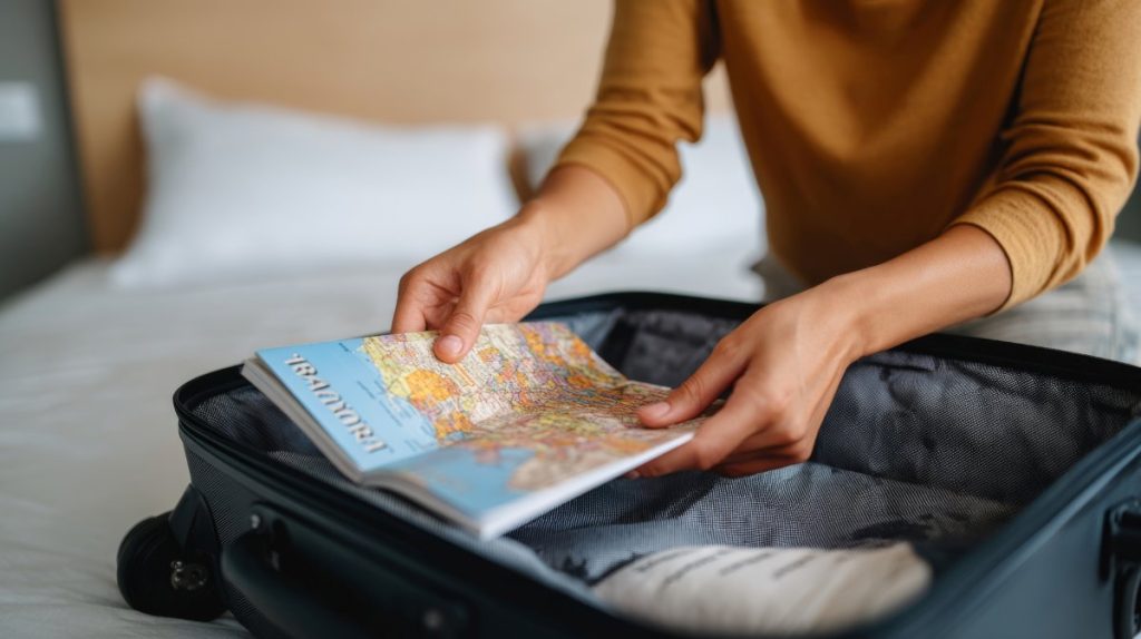 A young woman carefully packs a suitcase while consulting a travel map indoors, exuding anticipation for her upcoming journey