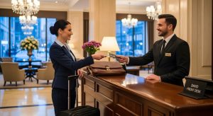 A hotel receptionist handing a guest a key card