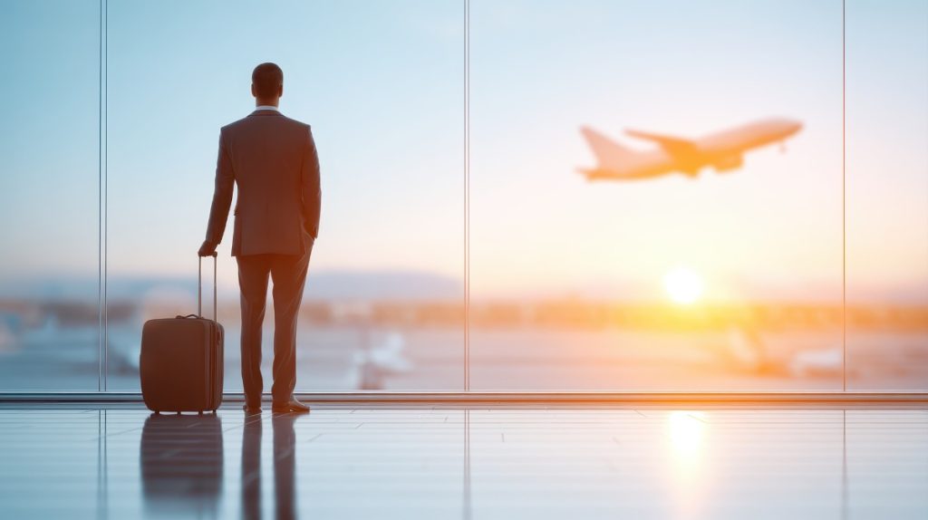 Mindful solo traveler waits at airport terminal boarding gate for flight departure, ready for trip and journey with suitcase in hand and sunrise in background