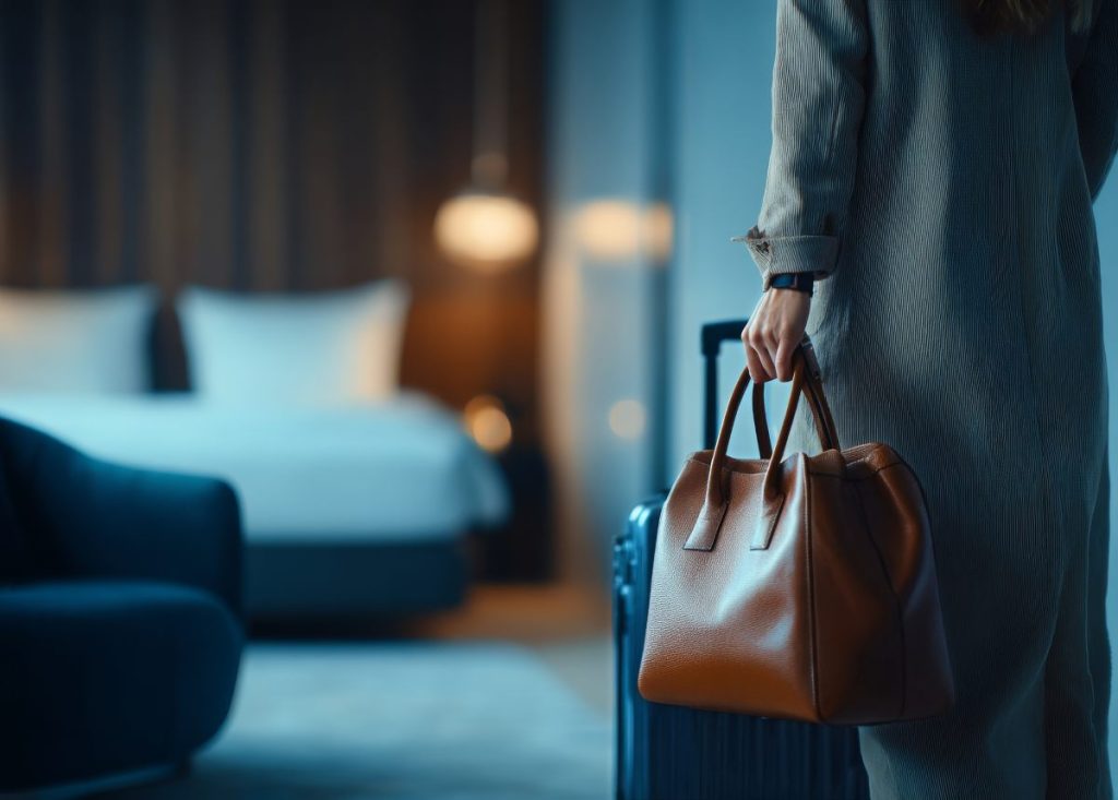 A woman in a suit holding a bag in front of a hotel room