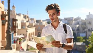 Young man holding map exploring city street on sunny day, enjoying travel adventure and sightseeing with casual style and backpack