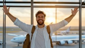 A man with arms up in front of an airport