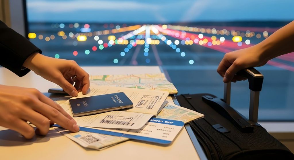A man with arms up in front of an airport