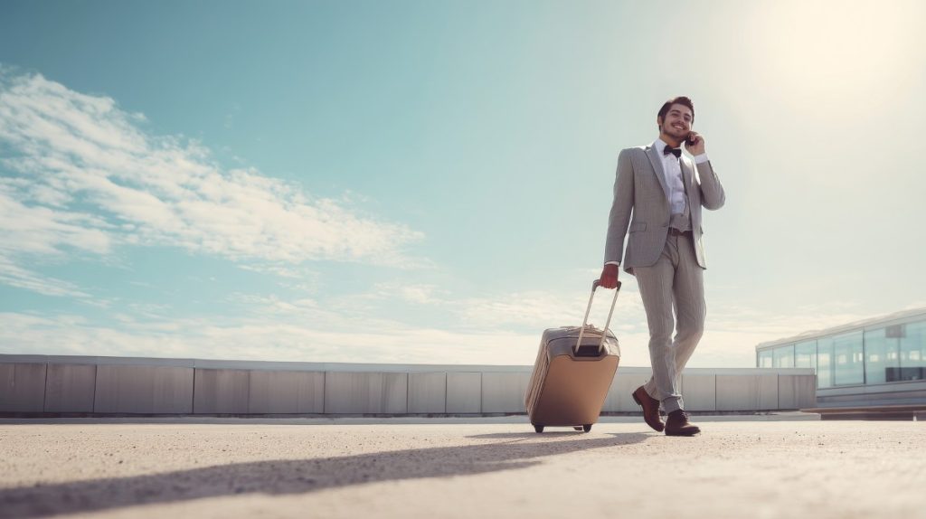 Businessman walking outdoors with suitcase and mobile urban setting