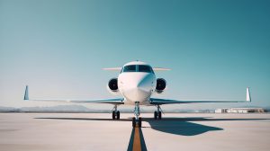 Private jet airplane waiting on airport runway for departure