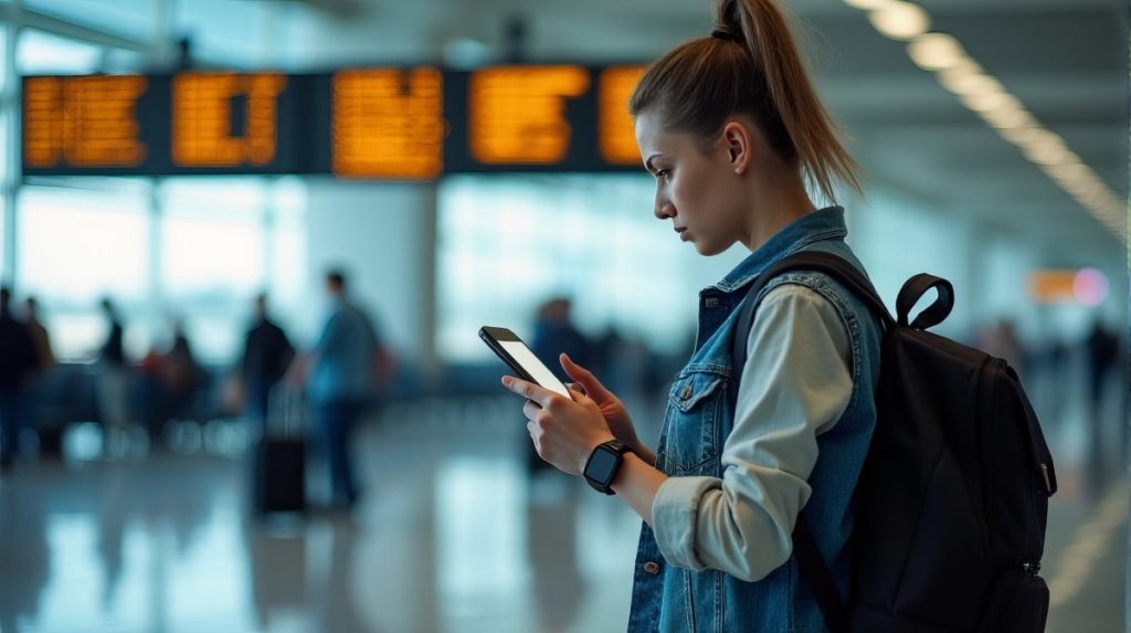 Person Standing in an Airport Terminal, Looking at Their Smartphone With a Flight Information Display Board in the Background