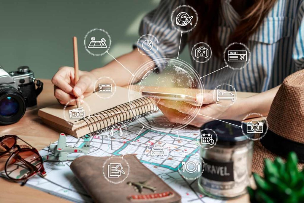 Young women traveler planning vacation trip and searching information or booking the hotel on a smart phone