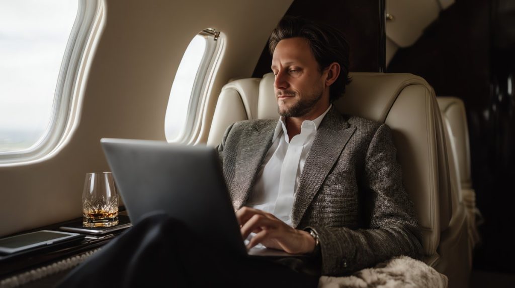 Businessman working on laptop in private jet