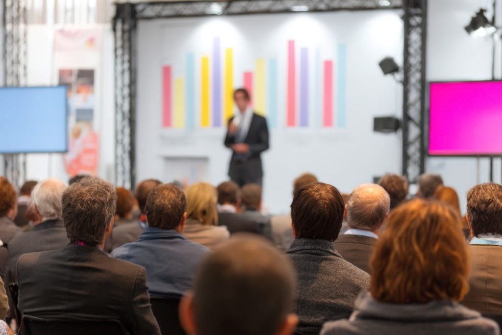 Audience of diverse individuals attentively listening to a speaker presenting business concepts on stage