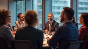 A group of people sitting around a table in a meeting