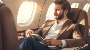 A Businessman sits in a luxurious first class cabin