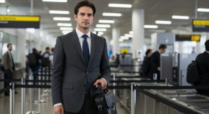 A man in a suit and tie standing in an airport