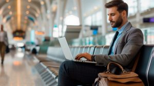 Businessman in a stylish gray business suit working on the laptop at the airport waiting lounge