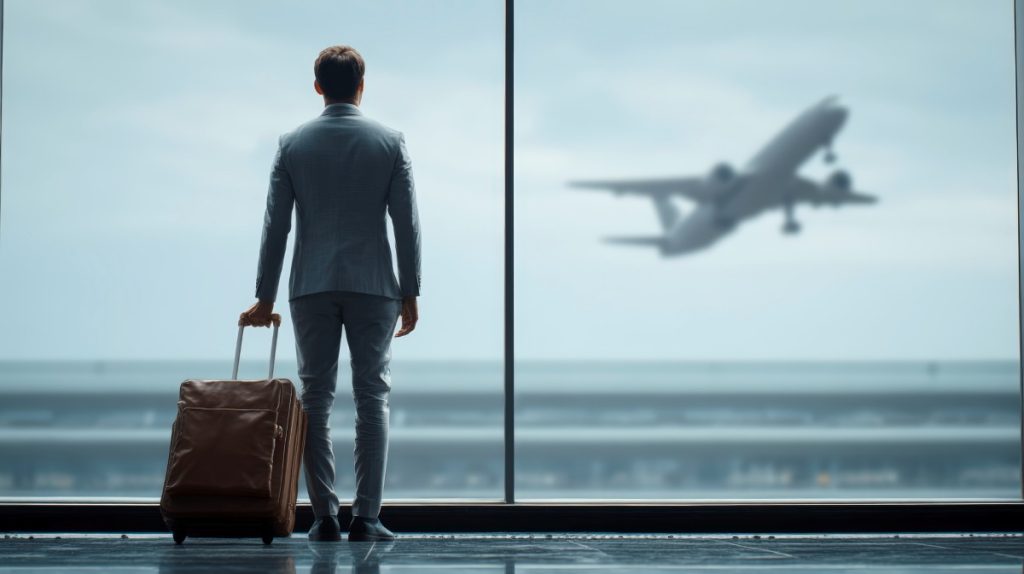 Businessman Observing Airplane Departure From Airport Window